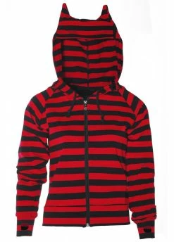 Banned Apparel Cat Ears Red & Black Striped Zip Hoodie