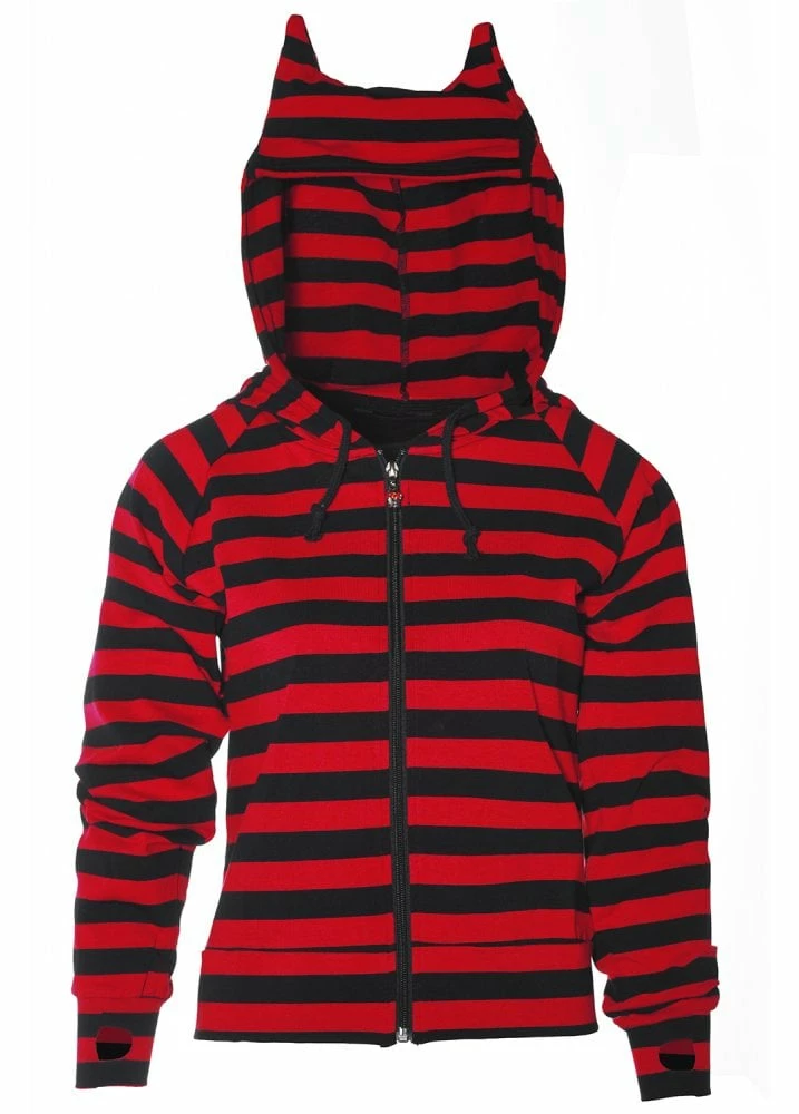 Banned Apparel Cat Ears Red & Black Striped Zip Hoodie 1 Banned Apparel Cat Ears Red & Black Striped Zip Hoodie