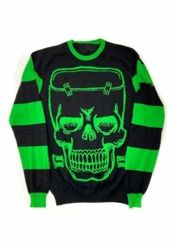 Kreepsville 666 Franken Skull Green Striped Sweater